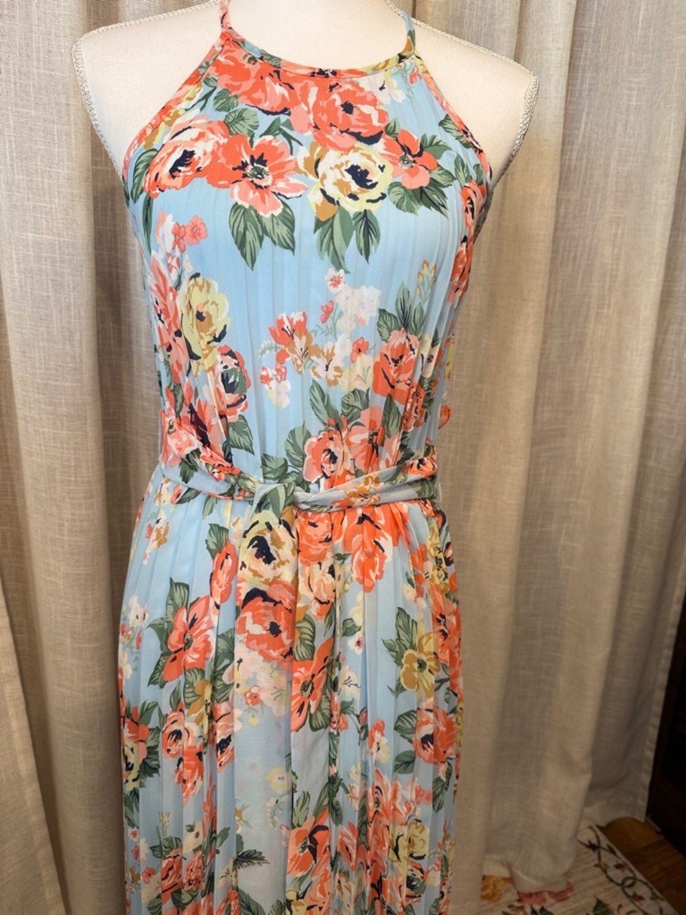 B Darlin Light Blue Floral Halter Maxi Dress with Coral & Yellow Blooms - Picture 2 of 13